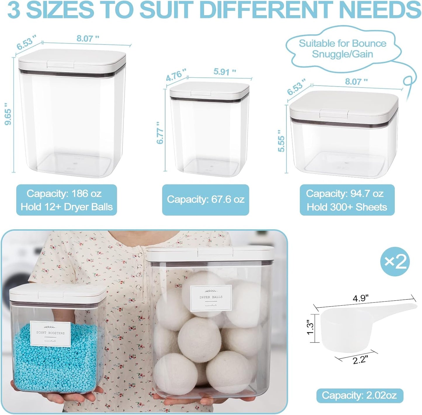 3 Pack Laundry Powder Containers & Dryer Sheet Holder with Lids & Labels - Airtight Laundry Room Organization and Storage Jars for Pods, Scent Beads, Balls, Detergent