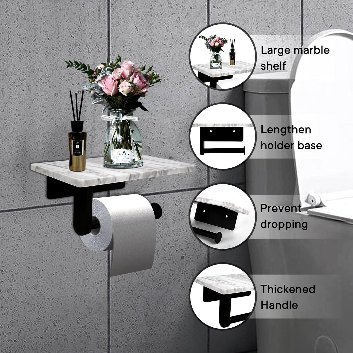Toilet Paper Holder with Natural Marble Shelf for Bathroom Washroom,Wall Mounted Tissue Holder Suitable for Mega Rol(Middle 7.87 * 4.72 in, Matte Black)