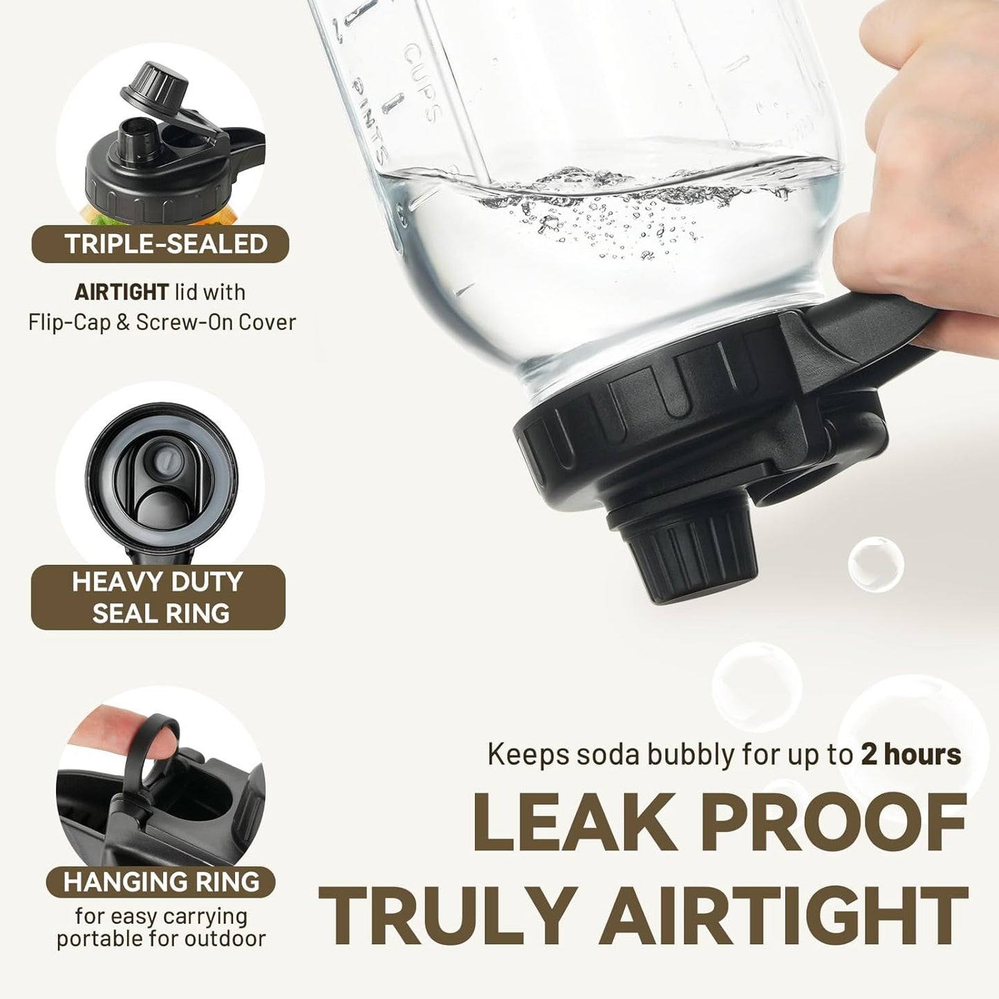 2 Pack Airtight Glass Pitcher with Lid for Fridge (Anti Cross-Odor) -Heavy Duty Leakproof Mason Jar Pitcher with Spout, Water Jug for Juice Coffee/Sun Tea + Mixing Spoon, Brush, Labels -2 Qt/64 Oz