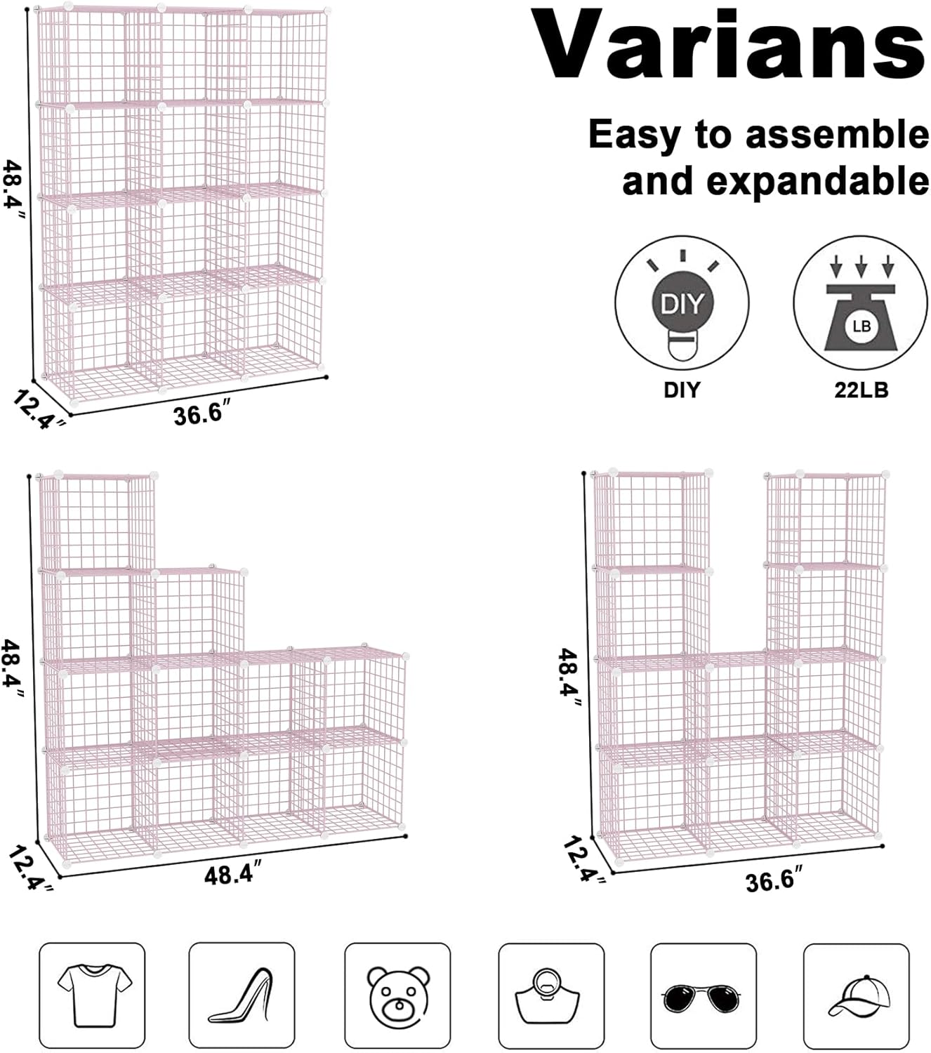 C&AHOME Wire Cube Storage, 12 - Cube Organizer Metal C Grids, Modular Shelves Units, Closet Organizer, Ideal for Home, Office, Living Room, 36.6”L x 12.4”W 48.4”H, Pink UWCS3012P