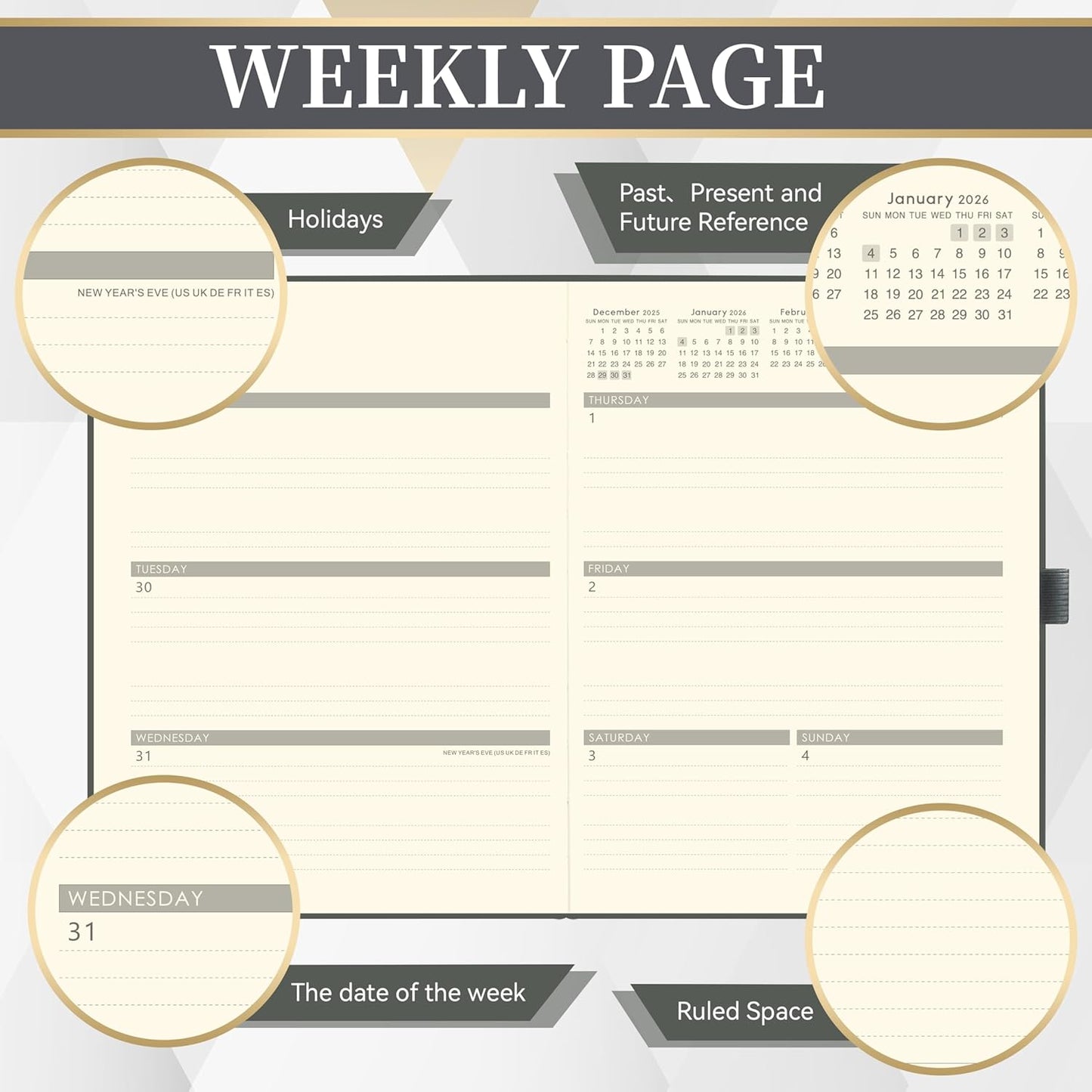 2026 Planner - Weekly and Monthly Planner 2026, 8.5"x11", Jan.2026 - Dec.2026, Leather Hardcover, 12 Monthly Tabs, Pen Loop, Elastic Closure, Pocket, Grey