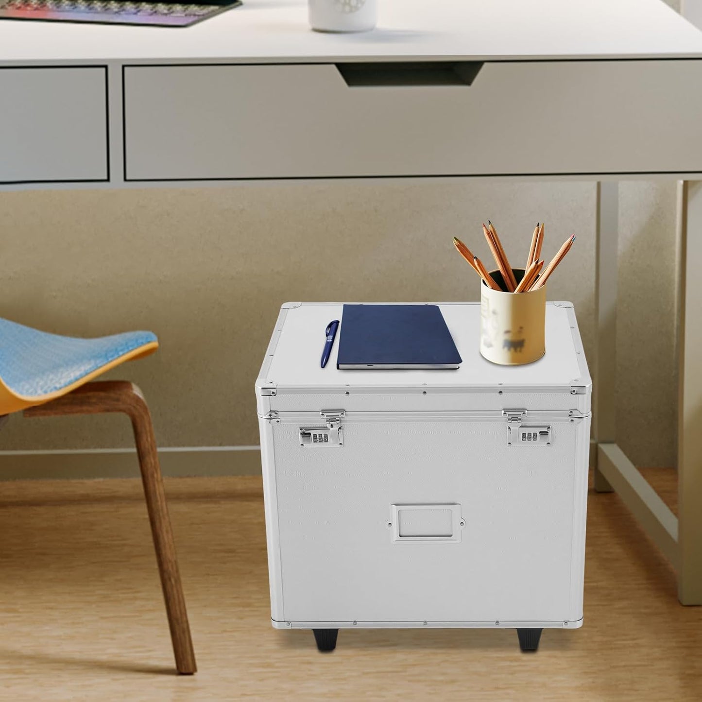 Rolling Cart for Teachers, Rolling File Cart with Hanging Folders, Portable File Box with Handle, Aluminum Alloy, Passcode Lock, Silver