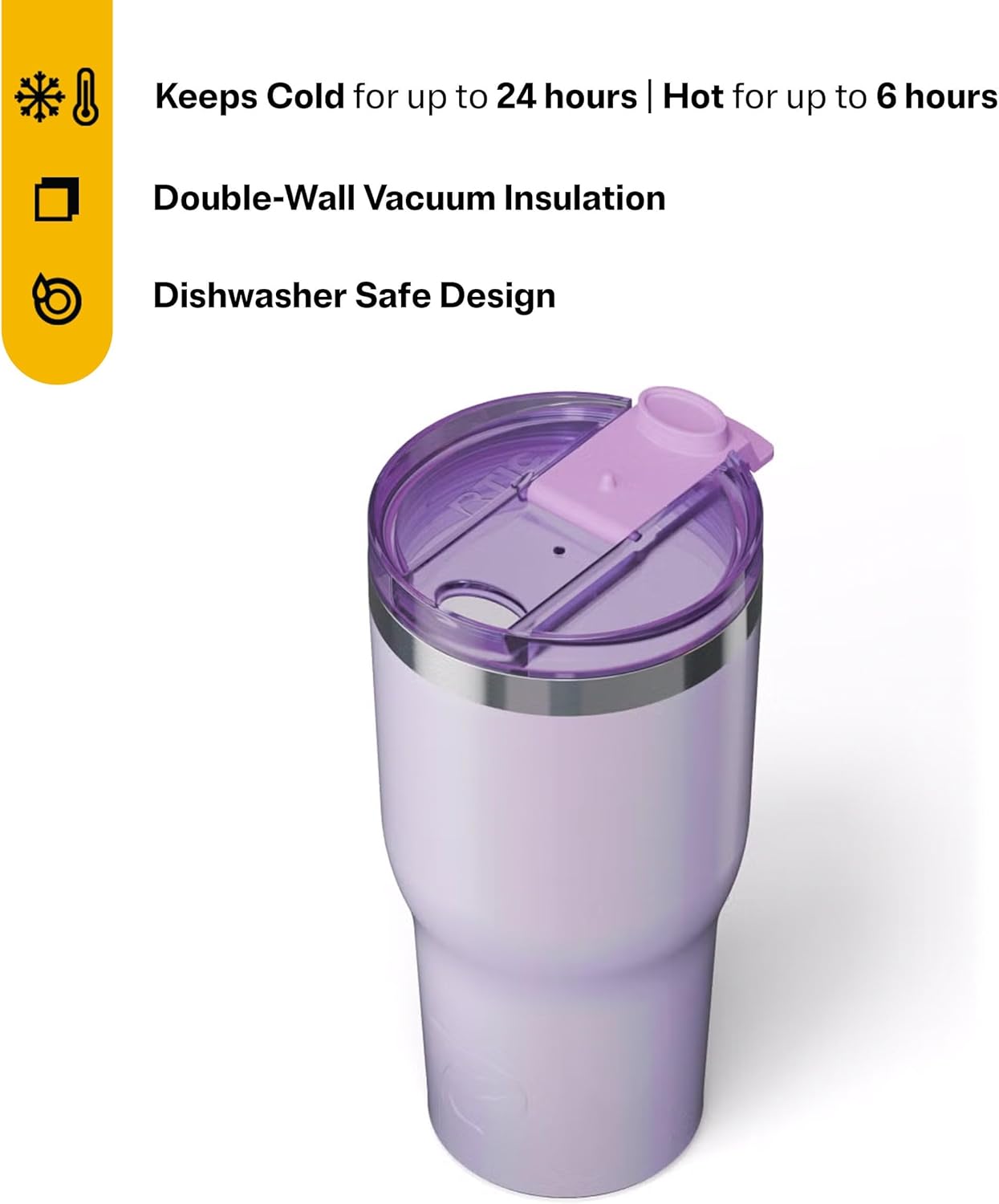 RTIC 30oz Essential Tumbler with Lid, Ceramic Lined, Insulated, Stainless Steel, Metal, Double Wall Vacuum-Insulation, Travel Cup for Iced Coffee, Tea, Hot and Cold Drink, Lavender Glitter