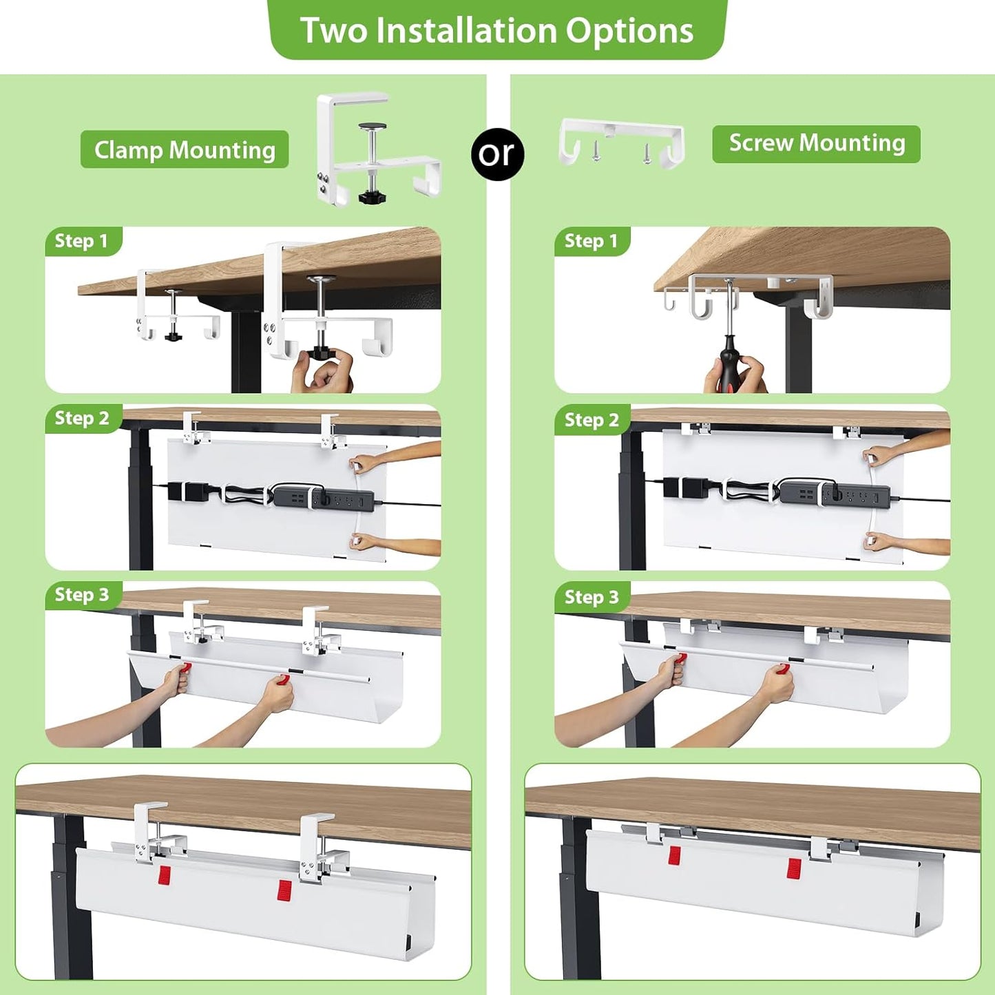 KEEGH No Drill Under Desk Cable Management Tray - 28" Cord Management Under Desk - Clamp/Screw Mount - Support Upto 70lbs - Fabric Wire Management - Gaming/PC Cable Raceways for Office/Home, White