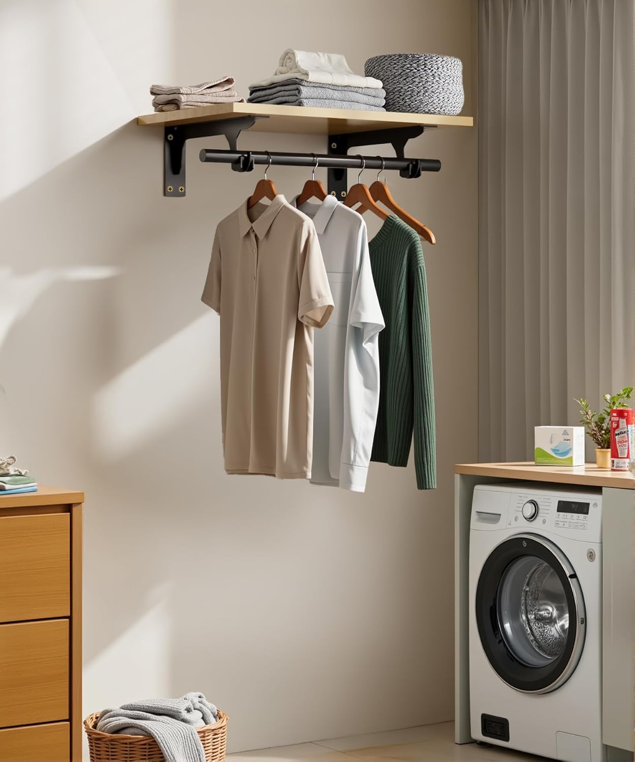 FIRJOY Wall Mounted Clothes Rack, with Top Shelf and Hanging Rod, Heavy Duty (2 PACK 11.8" x 15.7", Black)