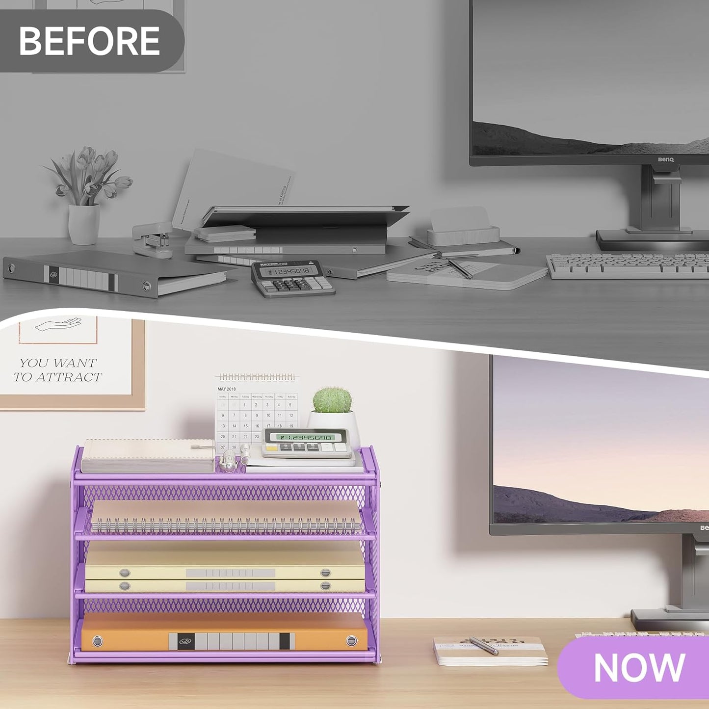 Subekyu Paper Letter Tray Organizer for Desk, Purple Metal Mesh Desk File Sorter Organizer with Handle and 2 Sliding Trays for Home Office School Supplies Organization