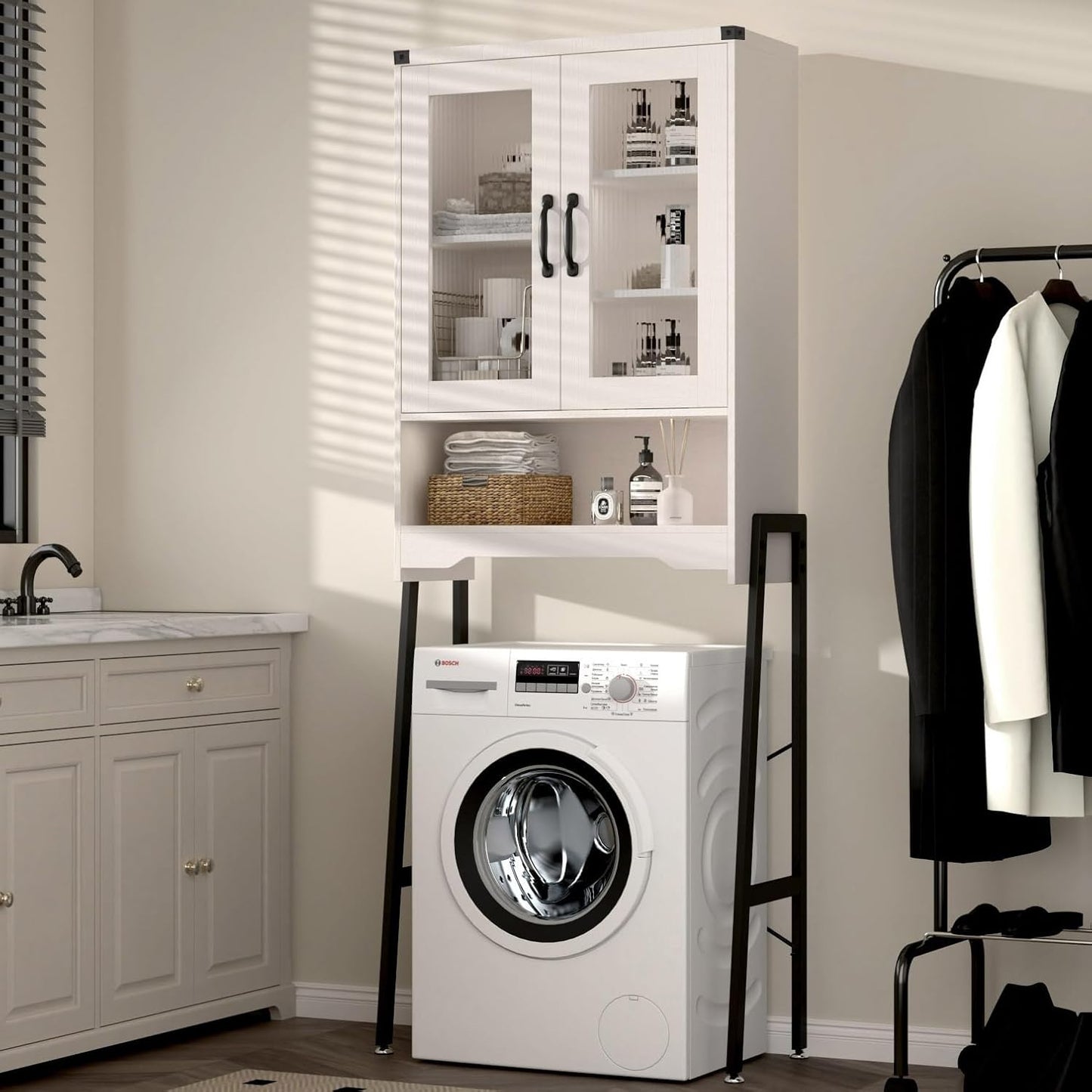 Over The Toilet Storage Cabinet with Tempered Glass Doors & Metal Stand, Over Toilet Organizer with Adjustable Shelf Space Saver Over Toilet , Tall Freestanding Shelf/Rack for Bathroom, Modern, White