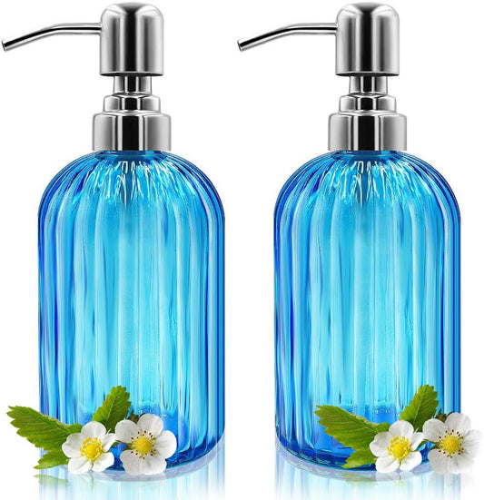 Soap Dispenser - 2 Pack 14 Oz Glass Soap Dispenser with Rust Proof Stainless Steel Pump, Refillable Liquid Bottle Dispenser, Premium Hand Jar Dispenser for Bathroom, Kitchen, Countertop (Blue)
