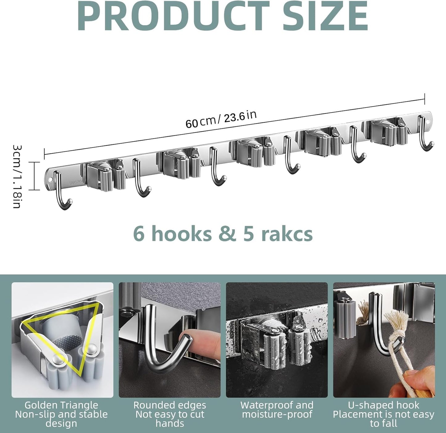 Stainless Steel Wall Mounted Storage Rack (5 Racks with 6 Hooks, Silver) for Kitchen, Bathroom, Laundry Room, Garage, Broom Cabinet, Indoor and Outdoor Use