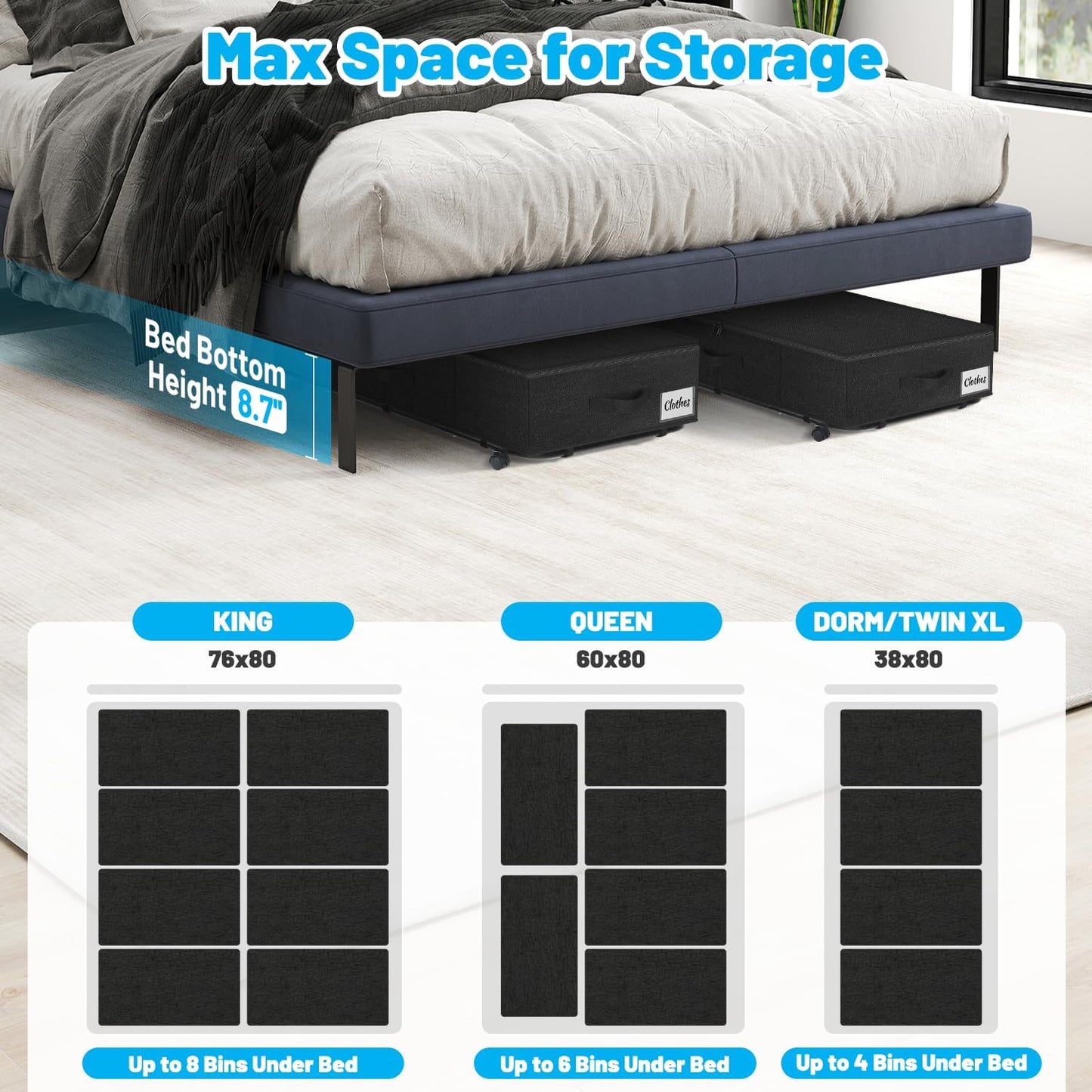 Large Sturdy Under Bed Storage with Wheels, 2 Pack 50L Rolling Underbed Storage Bins, Under Bed Containers Drawer with Metal Bottom Support, Bedroom Organizer with Lids for Clothes, Shoes, Blankets