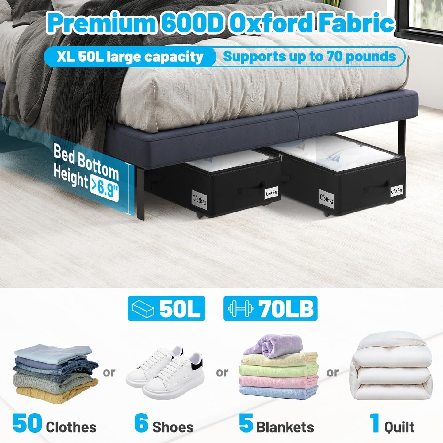 2 Pack Under Bed Storage with Wheels 6.7" Height, Rolling Storage Bins XL 50L, Underbed Shoe Storage Containers with Label & Clear Lid, Dorm Under bed Drawers for Clothes, Shoes, Quick Assembly, Black