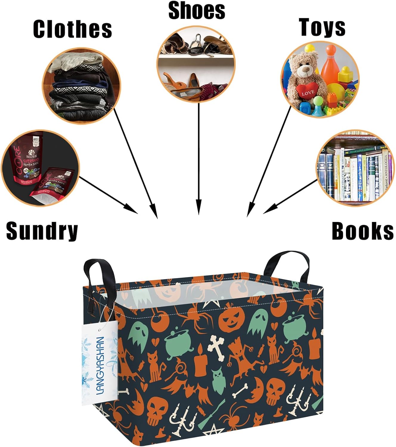 LANGYASHAN Rectangular Halloween Ghost Storage Bin Collapse Canvas Fabric Cartoon Storage Basket Home Kitchen Boys and Girls Toys Office Closet Shelf Baskets (Rec Halloween Ghost Basket)