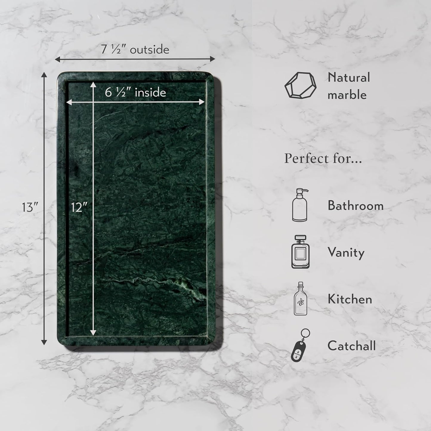 Cork & Mill Green Marble Tray for Bathroom Countertop, Kitchen Counter, or Catchall - 13" x 7½" Large Vanity Tray for Skincare or Perfume - Handcrafted Natural Marble Stone Organizer