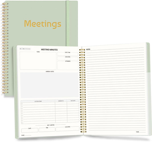 SUNEE Half Meeting Half Note 8.5"x11" Notebook for Work – 140 Pages, A4 Size Project Planner for Women&Men, Minutes Organizer for Meeting Notes, Ideas for Office/Business, PVC Waterproof Cover, Green