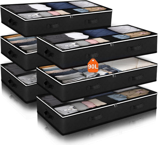 90L Under Bed Storage Containers, Closet Organizers and Storage Bins, Foldable Underbed Storage Bags for Blankets, Towels, Comforter, Sweaters, Linen Sheets, Wrapping Paper (Black, 6 Pack)