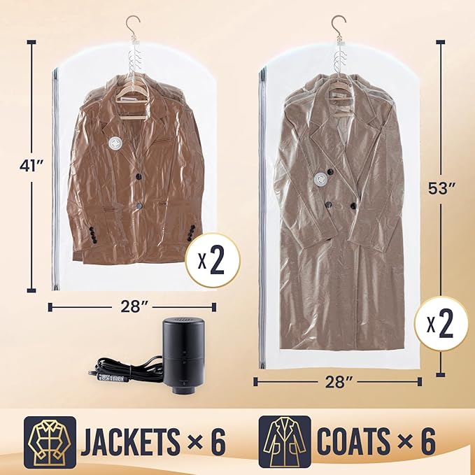 TAILI Hanging Vacuum Sealer Storage Space Saver Bags with Electric Air Pump for Clothing, for Coats, Closet Organizers, 2 Long 2 Short Clear