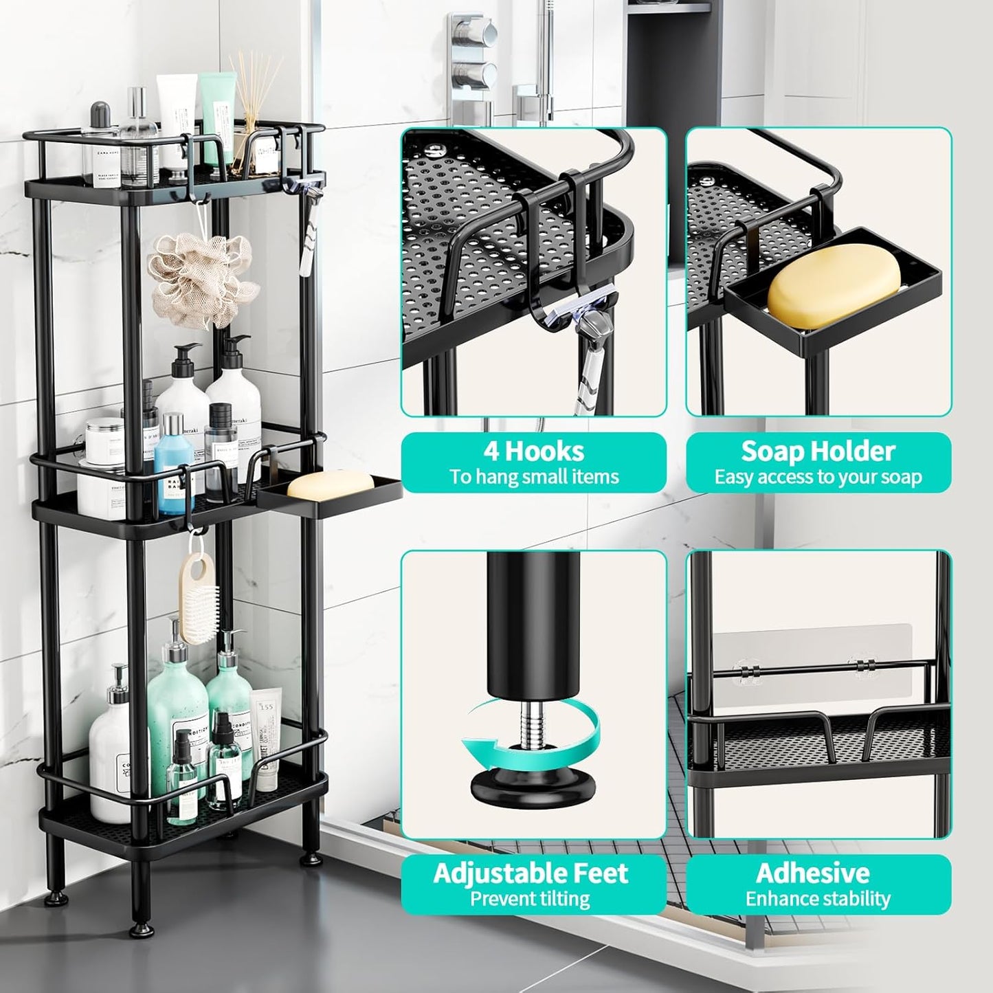 HapiRm Standing Corner Shower Caddy - 3 Tier Corner Shower Organizer with Soap Holder, Rustproof Stainless Steel Bathroom Shelf with 4 Hooks, Black