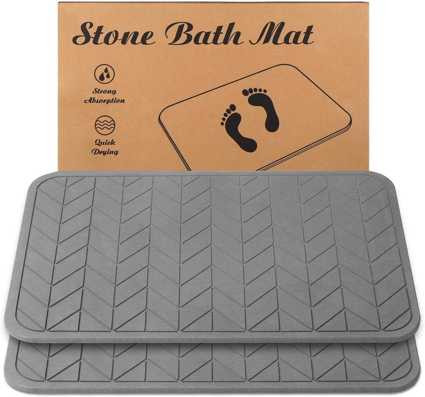 Stone Bath Mat, Diatomaceous Earth Shower Mat, Non-Slip Super Absorbent Quick Drying Bathroom Floor Mat, 2 Pack, Grey