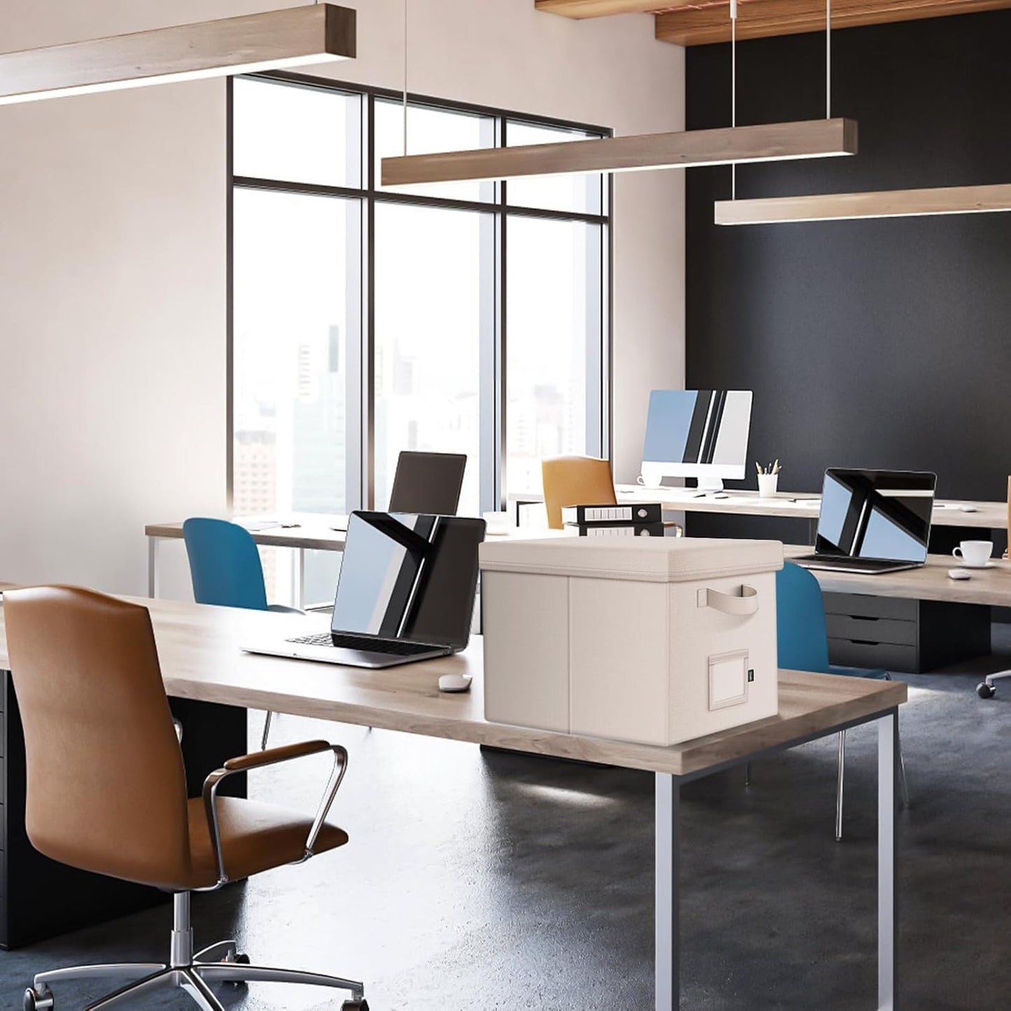 File Organizer Box with Lid, Linen Hanging File Storage Box with Handle, Collapsible Document Filling Box for Letter/Legal Folder, Portable File Box for Office/Decor/Home (1 Pack, Ivory)