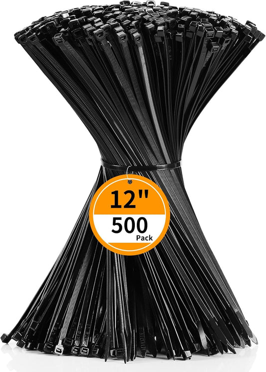 Cable Zip Ties 12 inch Cehony 500 Pack Black Zip Ties Heavy Duty 50lbs Tensile Strength Plastic Zip Ties for Outdoor and Indoor Multi-Purpose Cable Ties Self-Locking UV Resistant Wire Ties Wraps