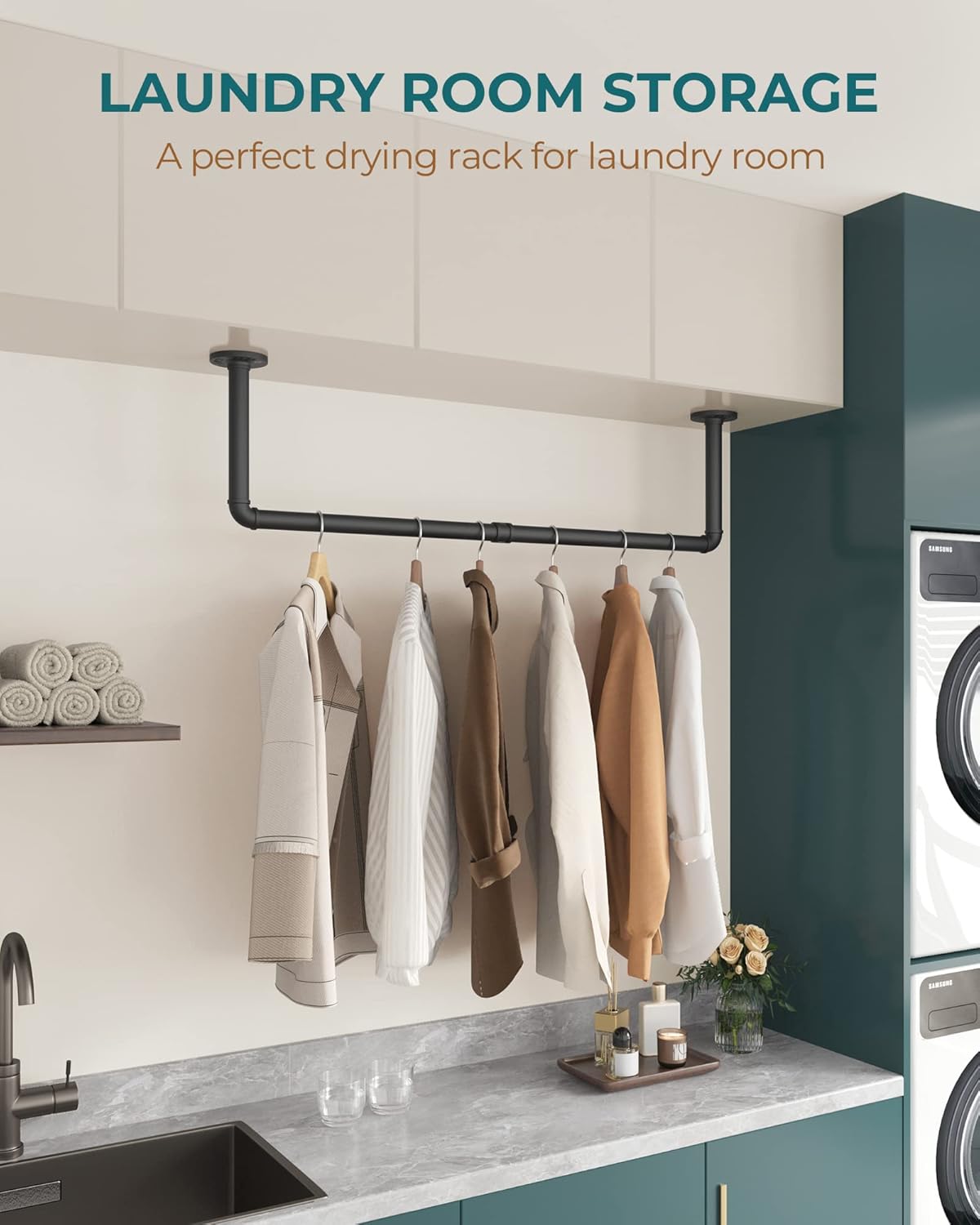 OROPY Industrial Pipe Clothes Rack Wall Mounted Set of 2, 38.4 inches Heavy Duty Iron Pipe Clothing Garment Rail, Multi-Purpose Clothing Hanging Rod for Laundry Room and Closet Storage