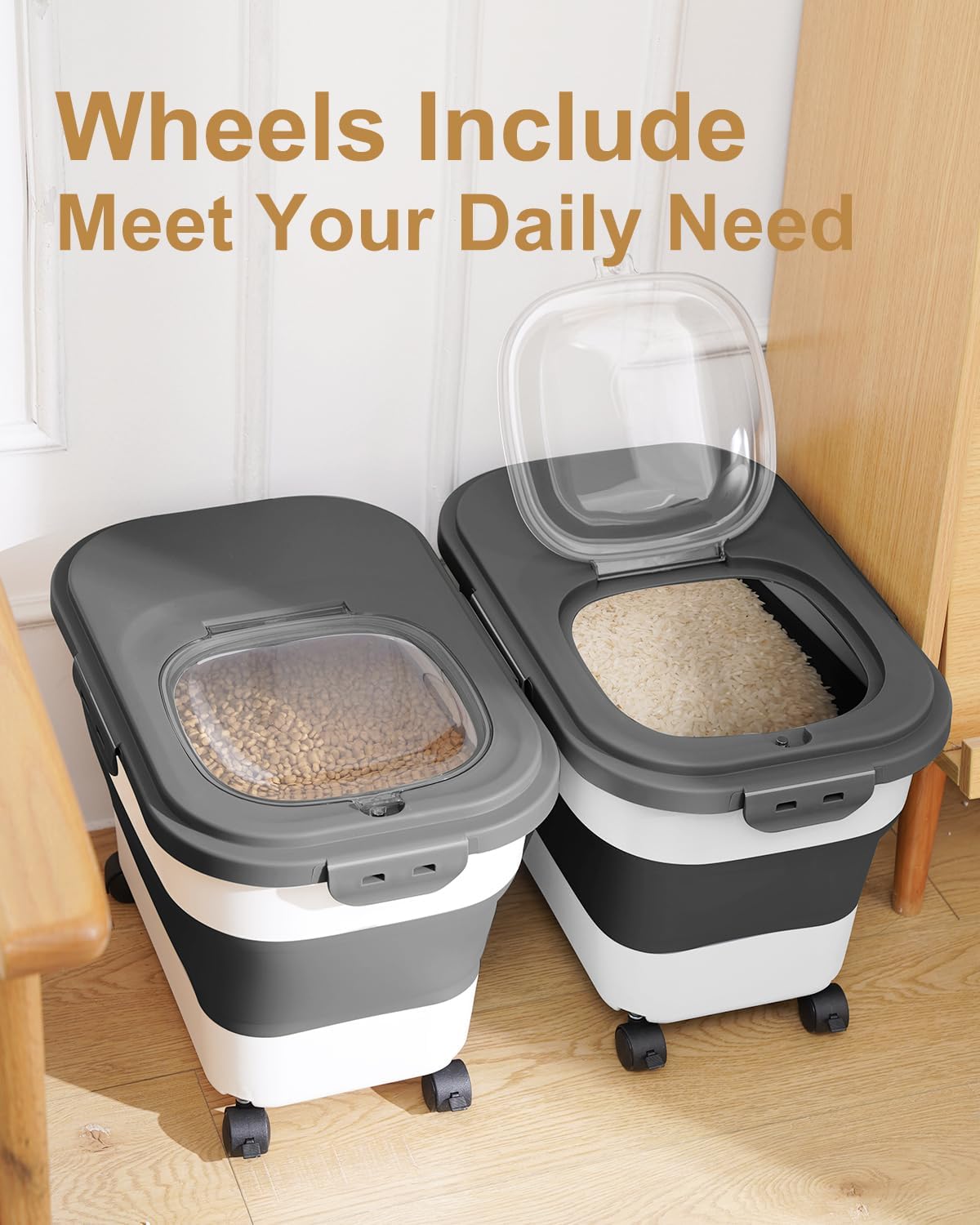 20-30 Lbs Rice Storage Container,Collapsible Food Storage Containers with Rolling Wheel Airtight Locking Lid,Flour Storage Container with Cup and Scoop,Suitable for Food,Rice,Pet Food,Flour