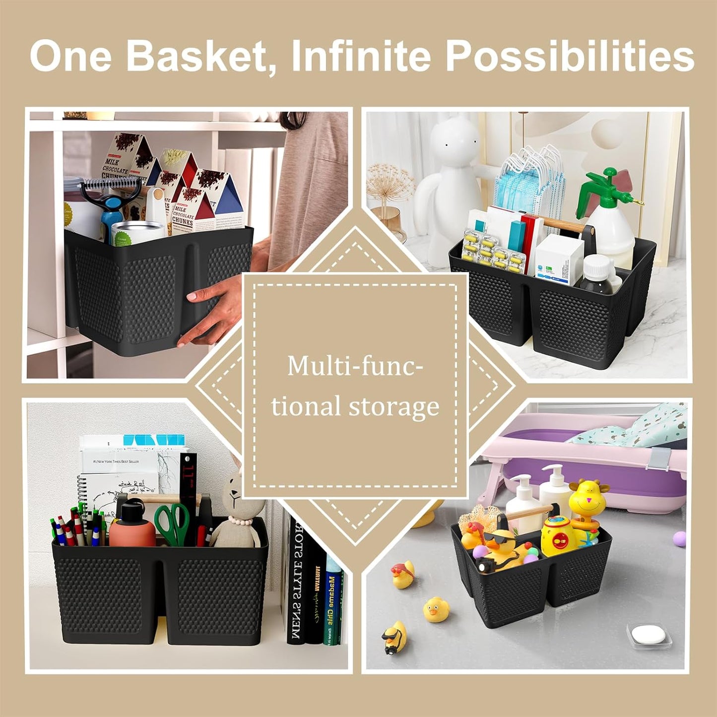 Shower Caddy Portable and Cleaning Caddy Organizer for Bathroom, Kitchen, Toiletries Storage ，Caddy organizer with handle, Rust-Resistant, Durable Material (Black, 9.36" L×7.73" W×7.24" H)