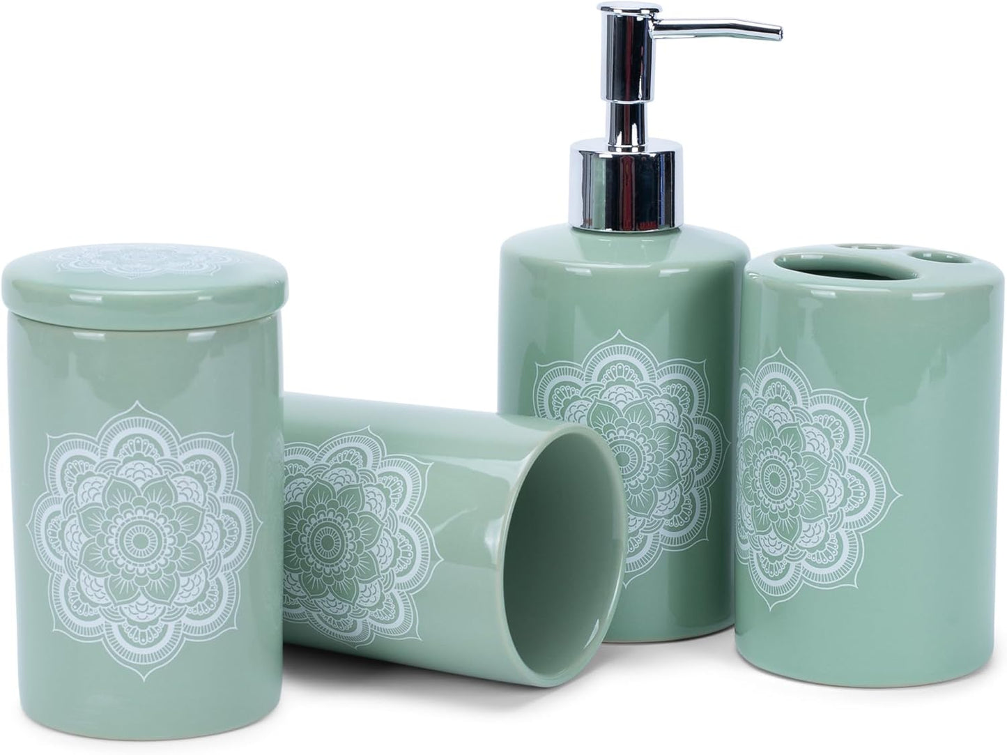 NAT & Jules Chic Modern Rounded 4.5 inch Ceramic Bathroom Accessories Set of 4 - Home Décor & Organization Perfect for Bath or Kitchen Household Essentials, Mandala Sage Green