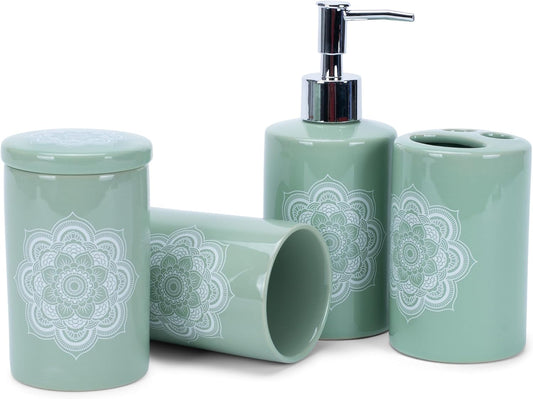NAT & Jules Chic Modern Rounded 4.5 inch Ceramic Bathroom Accessories Set of 4 - Home Décor & Organization Perfect for Bath or Kitchen Household Essentials, Mandala Sage Green