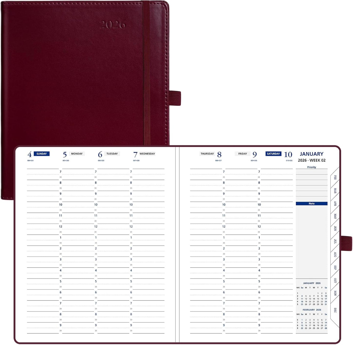 POPRUN 2026 Weekly Planner (Medium 7'' x 8.5''), 30-Minute Hourly Appointment Book (Jan 2026-Dec 2026) with Monthly Tabs, Inner Pockets, Pen Holder, PU Leather Softcover, 100GSM - Burgundy