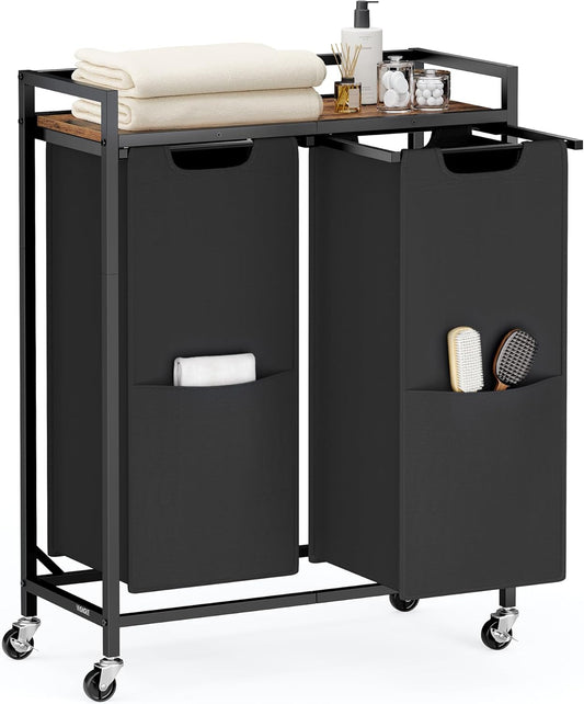 VASAGLE Laundry Sorter, 29 Gal. (110 L) Laundry Hamper Basket with 2 Compartments, Rolling Cart with Wheels, Shelf, Removable Bags, Pockets, Ink Black and Rustic Brown UBLH021B01