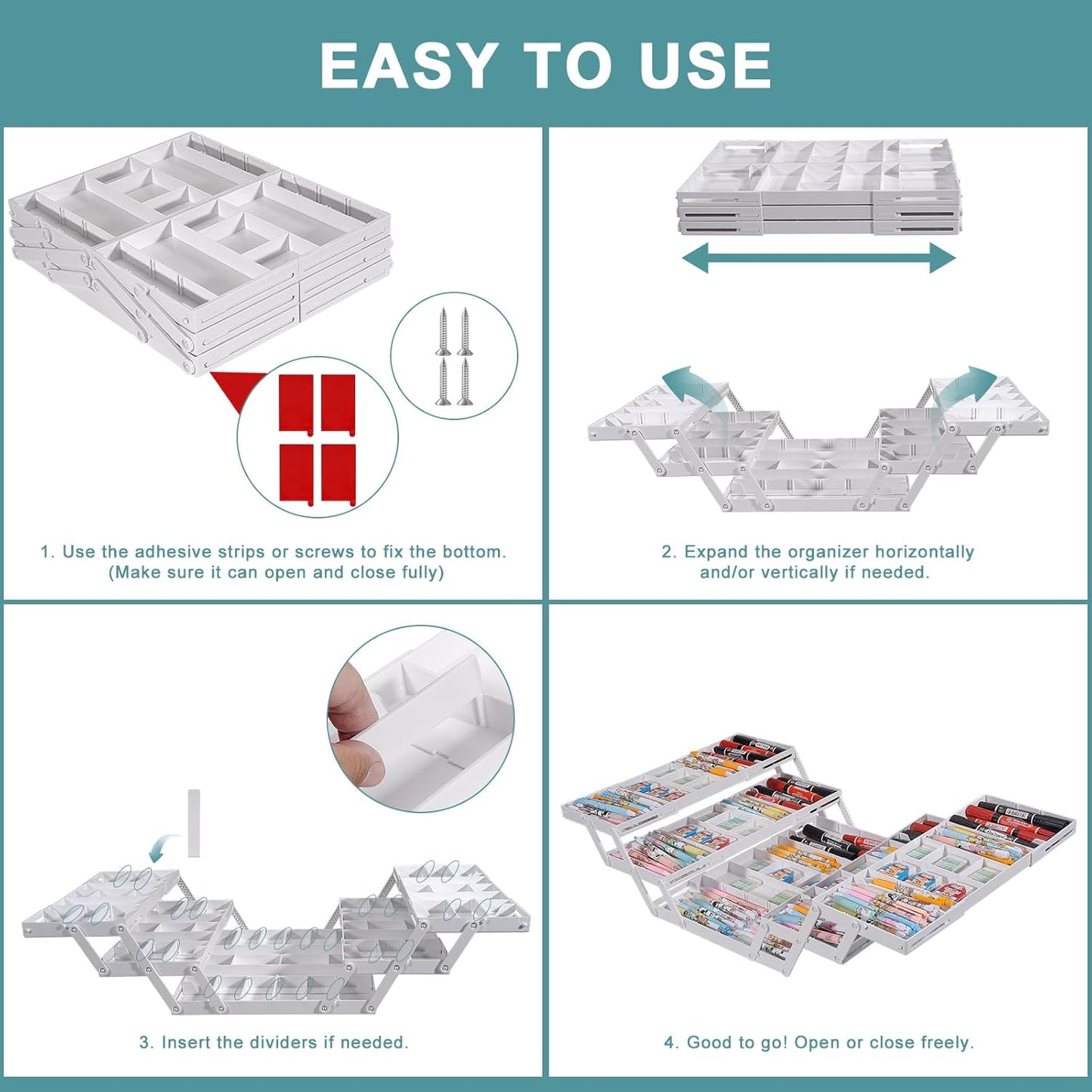 Aobiono Multi Level Smart Drawer Organizer, Multi Tier Expandable Storage Collapsible Foldable Trays for Jewelry, Cosmetics, Makeup, Tools, Battery (White, Double Row - 3 Levels)
