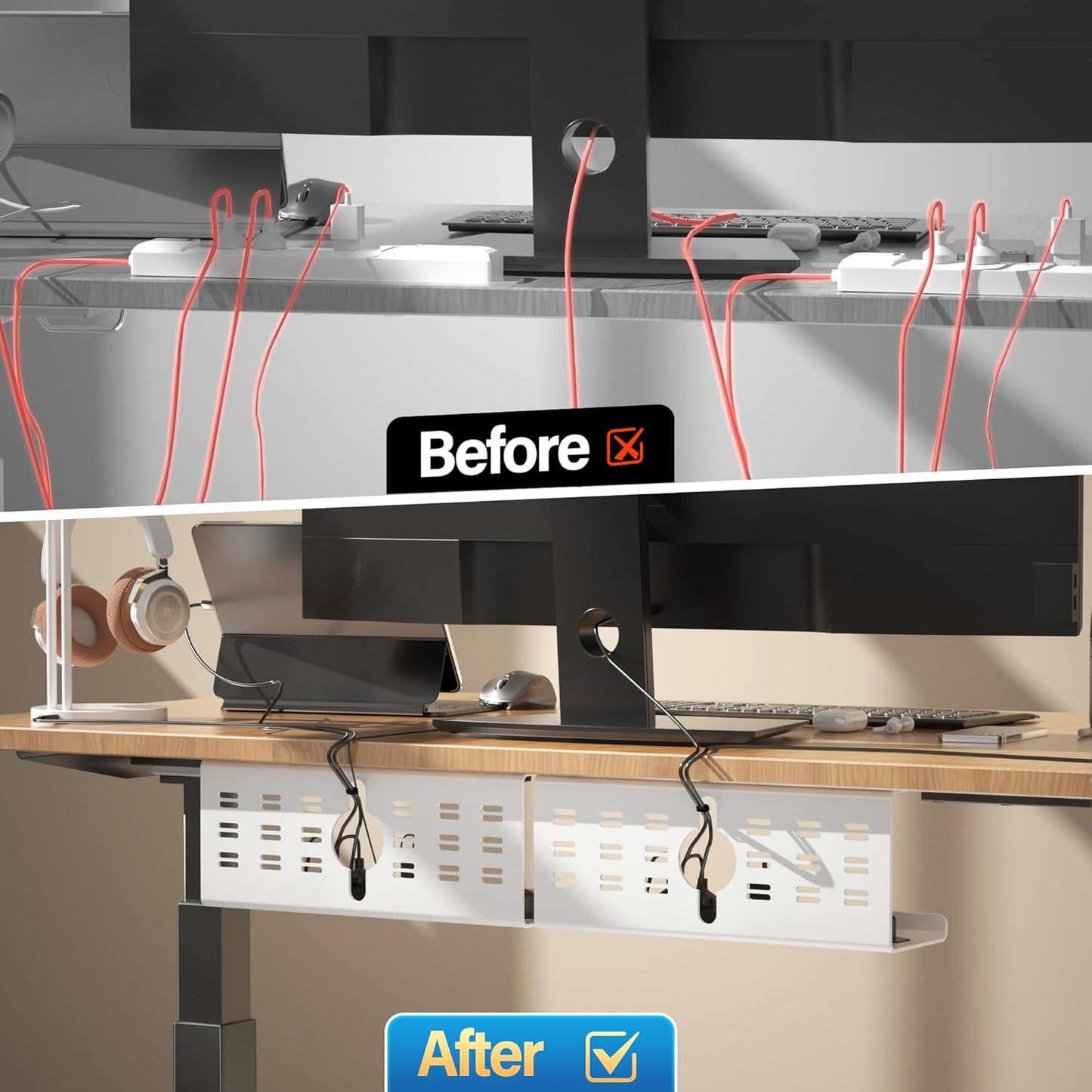 2 Pack Cable Management Under Desk White, Cinati 32" Large Cable Management Tray, Under Desk Alloy Steel Wire Organizers, Cord Hider Tray for Office and Home - Tape or Screw Installation