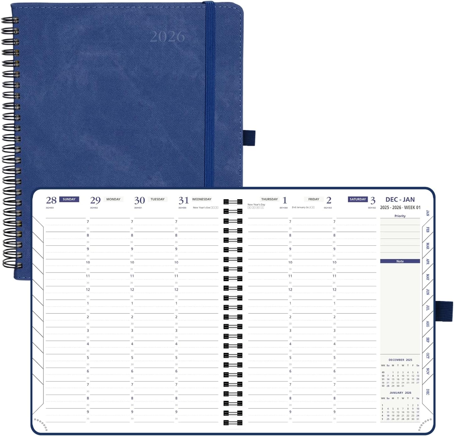 POPRUN 2026 Weekly Planner 30-Mintue (Medium 7'' x 8.5'') - From Jan 2026 to Dec 2026 - Two Pages Per Week Appointment Book with Monthly Tabs, Softcover, Inner Pocket, Pen Holder - Ink Blue