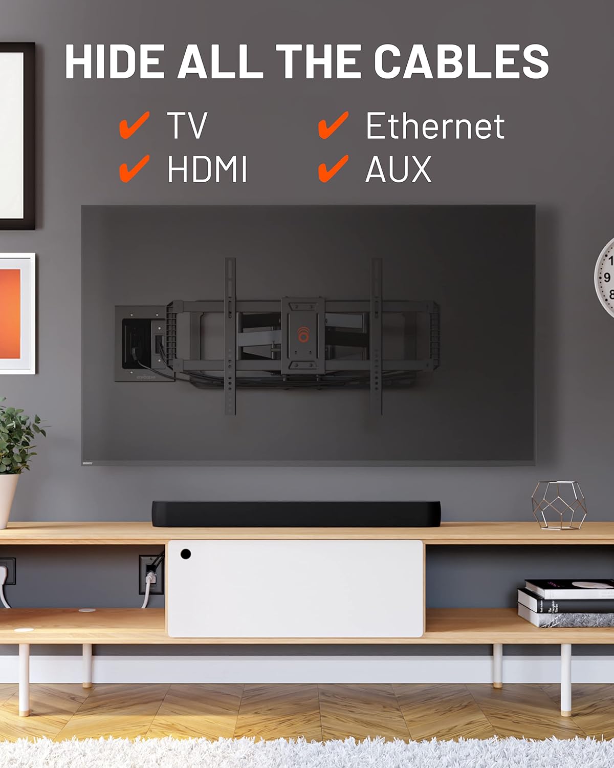 ECHOGEAR TV Cord Hider for Wall Mounted TV with 2X AC Outlets & 2X USB-A Ports - Hide Power Cables & Low Voltage Wires Behind The Wall - Includes Template, Saw, & Low Profile Extension Cord - Black