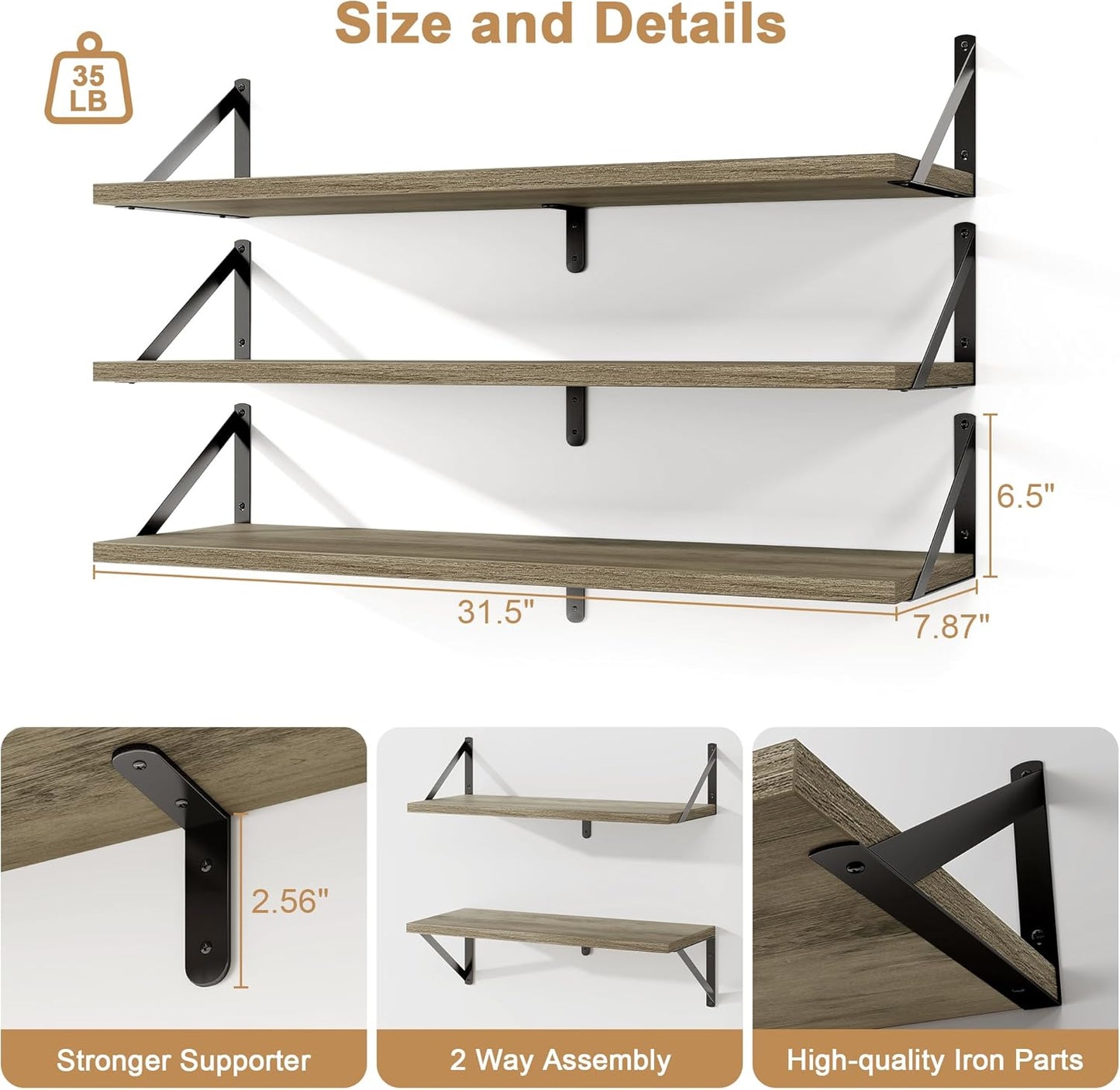 Fun Memories Floating Shelves, 32 x 8 Inches, Set of 3 Wall-Mounted Bookshelves with Metal Brackets, Decorative Storage for Home and Office (Grey)