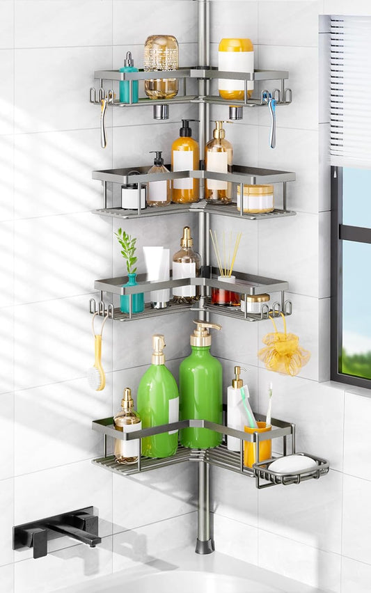 HAMITOR Shower Caddy Tension Pole: 4-Tier Corner Rustproof Bathroom Organizer with Soap Holder - No-Drill Adjustable Shower Shelf for Renters - Small Space Storage Rack for Apartment - 47-123 Inch
