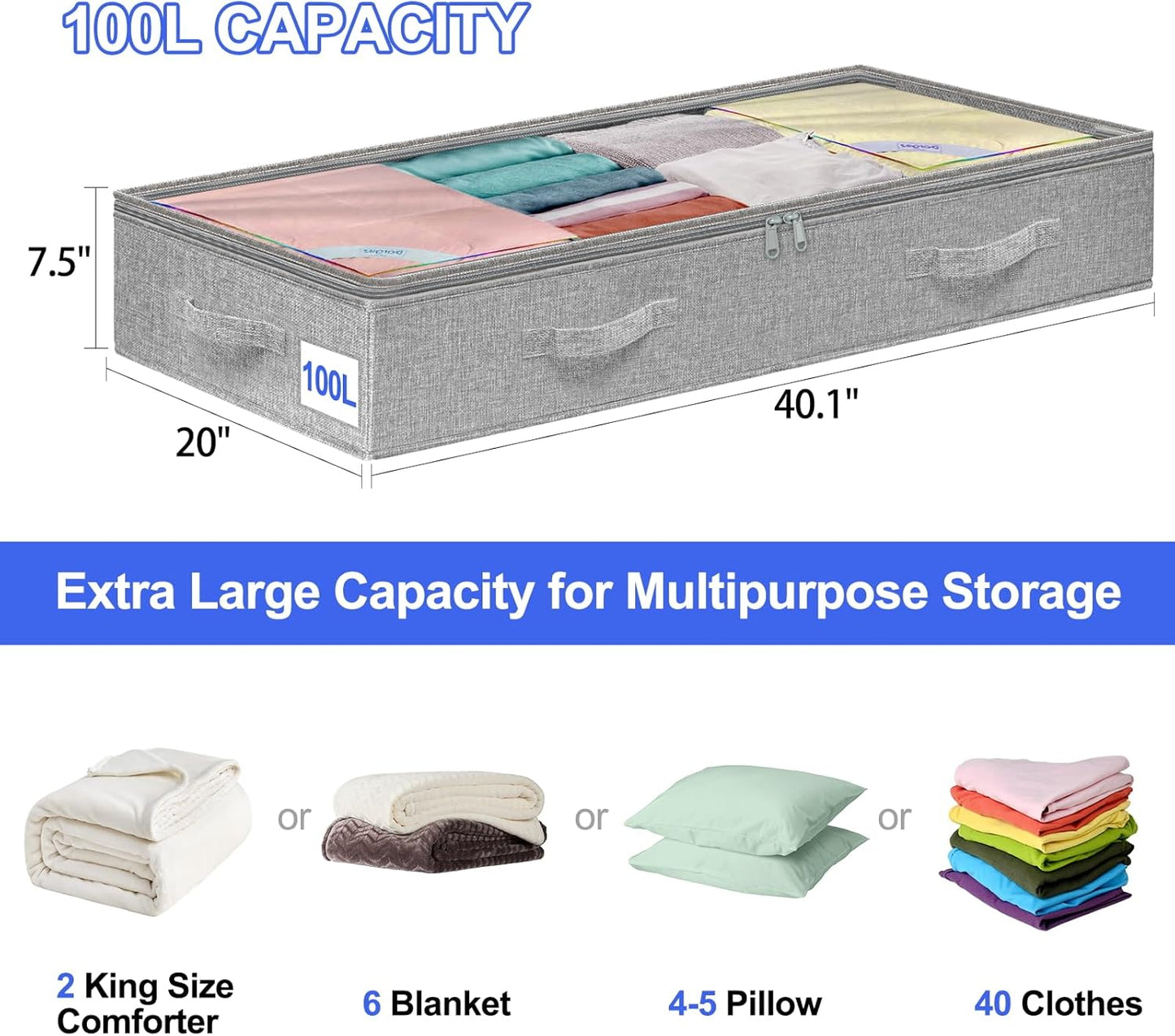 punemi Under Bed Storage Containers (Soft-Sided) - 8-Pack, 100L Extra Large, Zippered Flat Storage Bins for Blankets, Winter Clothing & Shoes - Thick Fabric, 40x20x7.5 Inches, Grey