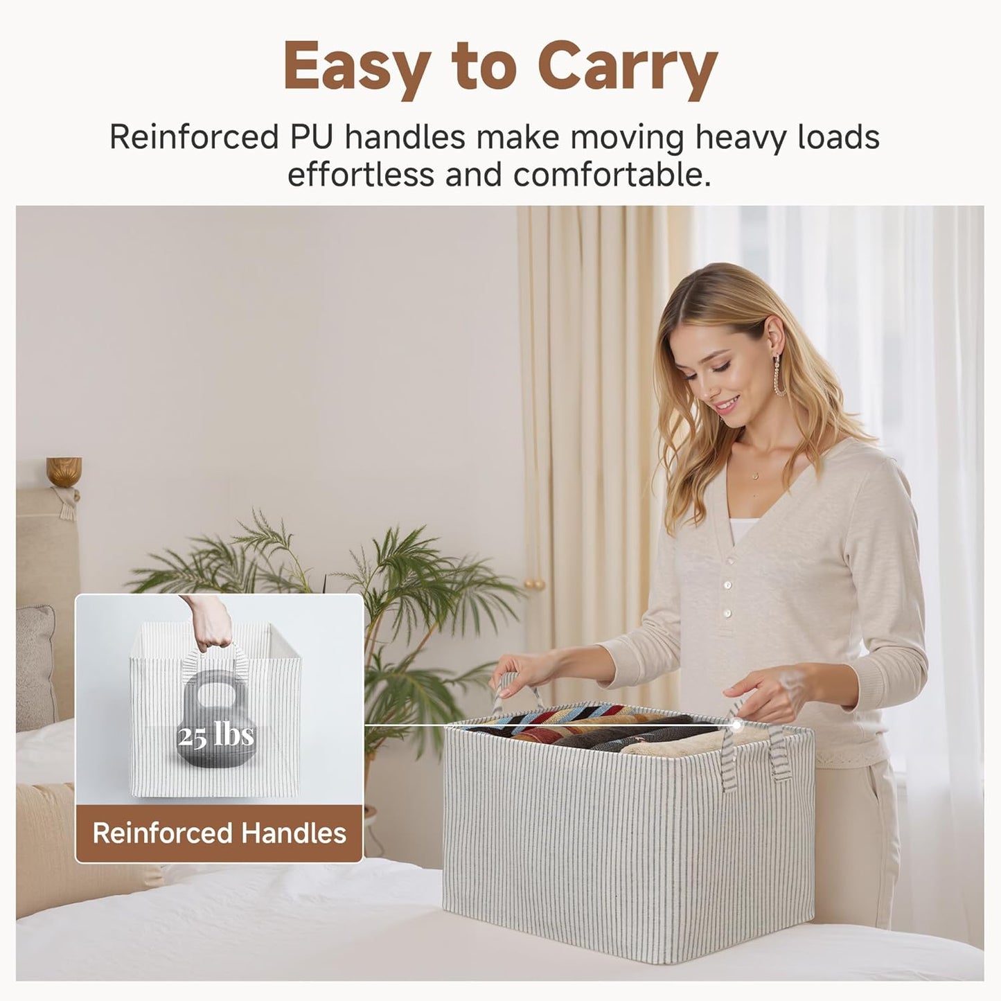 StorageWorks Storage Bins, Fabric Storage Bins for Shelves, Large Storage Baskets with Metal Frame, Closet Baskets and Bins with Handles, Khaki and Beige Stripes, 2-Pack