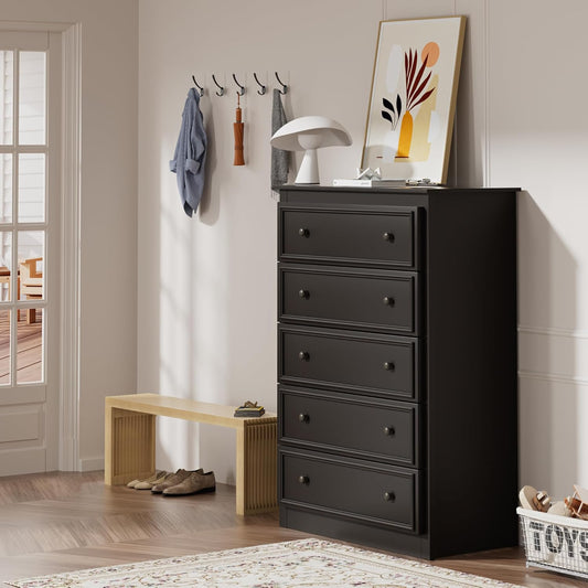5 Drawer Dresser for Bedroom, Tall Wooden Chest of Drawers with Spacious Top, Modern Storage Organizer Cabinet for Closet, Nursery, Living Room, 15.7" D x 31.5" W x 45.7" H (Chocolate)