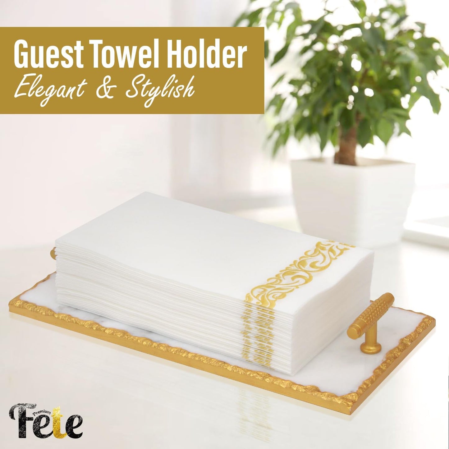 Guest Towel Holder Tray for Bathroom - Premium Marble Tray With Gold Rim - Bathroom Hand Towel Tray, The Perfect Vanity Tray for Bathroom.