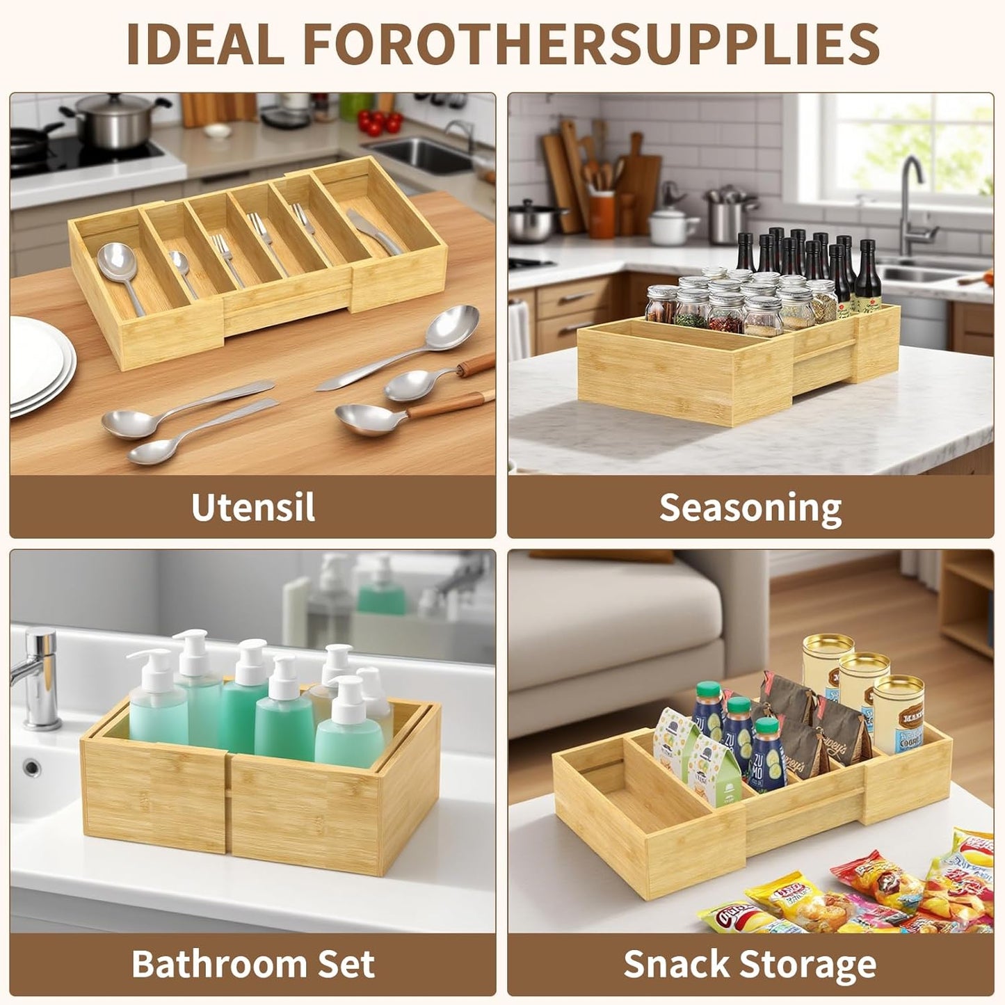 Retro Shaw Large Expandable Kitchen Lids Organizer for Cabinet, Covers, Pantry, Drawer & Countertop Storage, with 3 Adjustable Dividers, Hand-made Bamboo Food Container