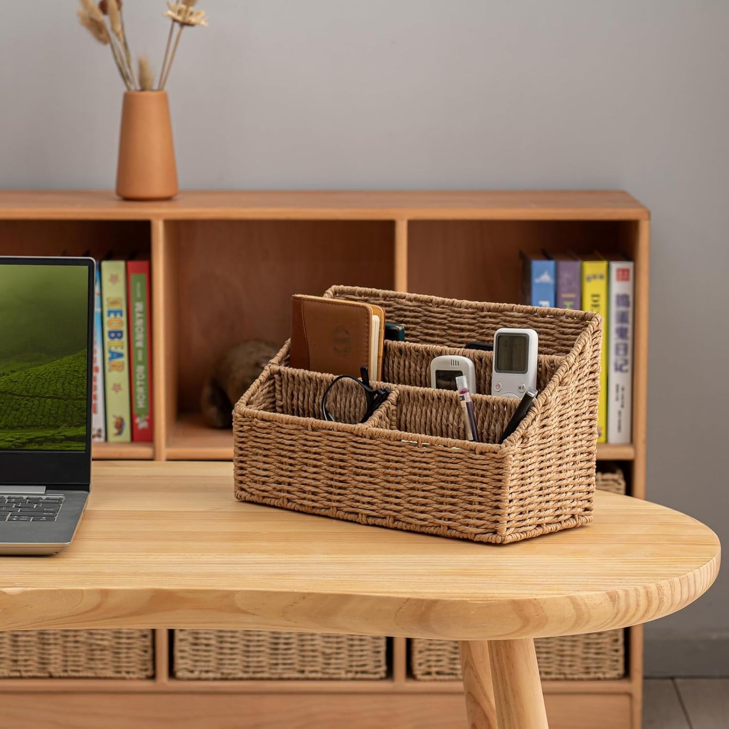 Woven Divided Storage Basket Desk Organizer Tabletop Mail Holder Countertop Paper Woven Basket Home Office Supplies (4 Compartments)