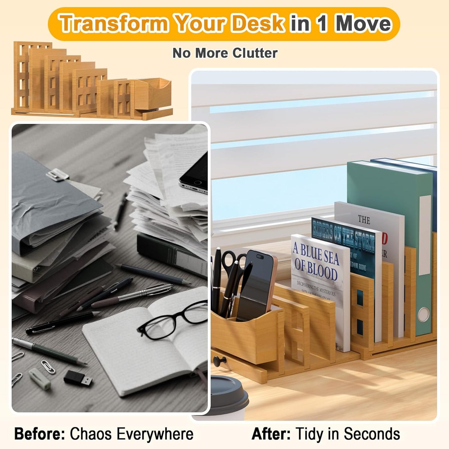 AO LI GEI Wood File Mail Organizer,Expandable Desktop Organizer Paper Sorter Pull Out from 4 to 7 Slots with Hanging Storage Box & Phone Stand,File Holders for Office Desk Home & School ﻿