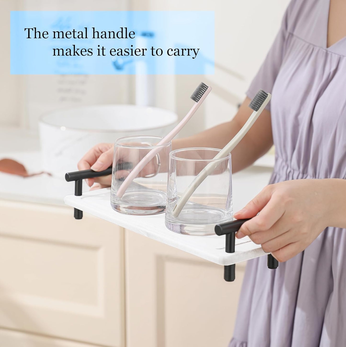 2PCS Water Absorbent Kitchen Countertop Organizer, Sink Caddy, Fast Drying Stone Diatomaceous Earth Tray, Sink Organizer, Water Absorbing Stone Tray for Countertop (White & Black Handle, Small)