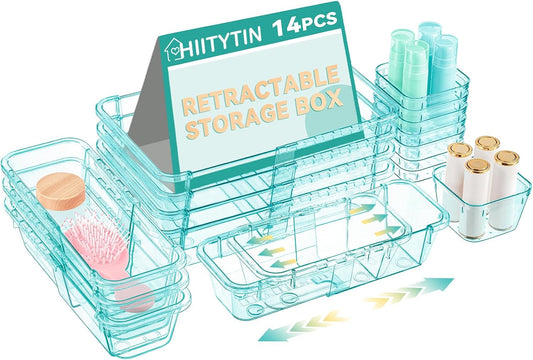 14 Pcs Adjustable Clear Drawer Organizer, Extendable Vanity Storage Bins, Desk Drawer Organizer Set for Makeup, Cosmetics, Bedroom, and Gadgets, Blue