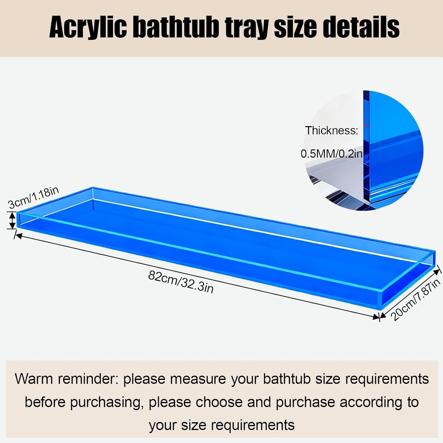 Bathtub Tray Table, Clear Acrylic, Anti-Slip Bath Caddy, (Blue, L32.3″ x W7.87″ x H1.18″)