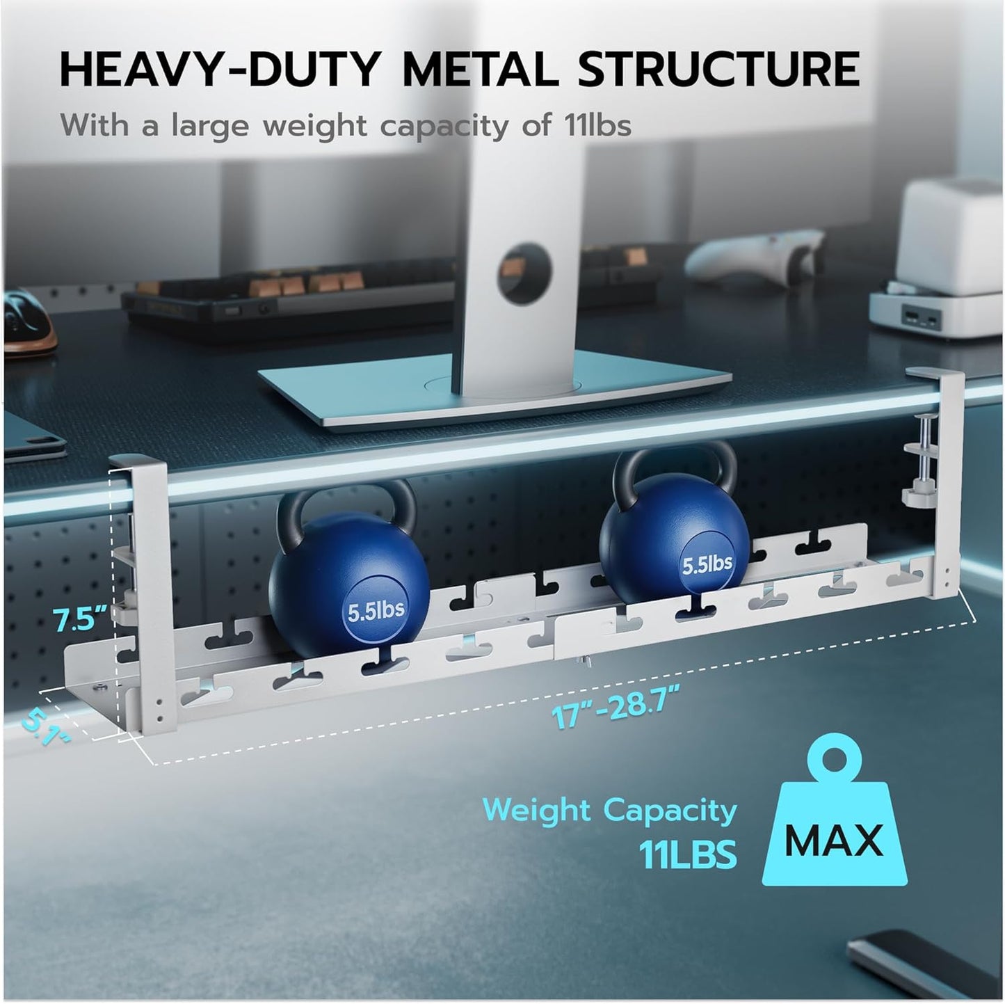 ARES WING 17"-28.7" Extendable Under Desk Cable Management Tray with Cable Slots, Clamp On Cord Organizer Holds Up to 11 lbs, White Metal Under Desk Storage for Office and Gaming Accessories