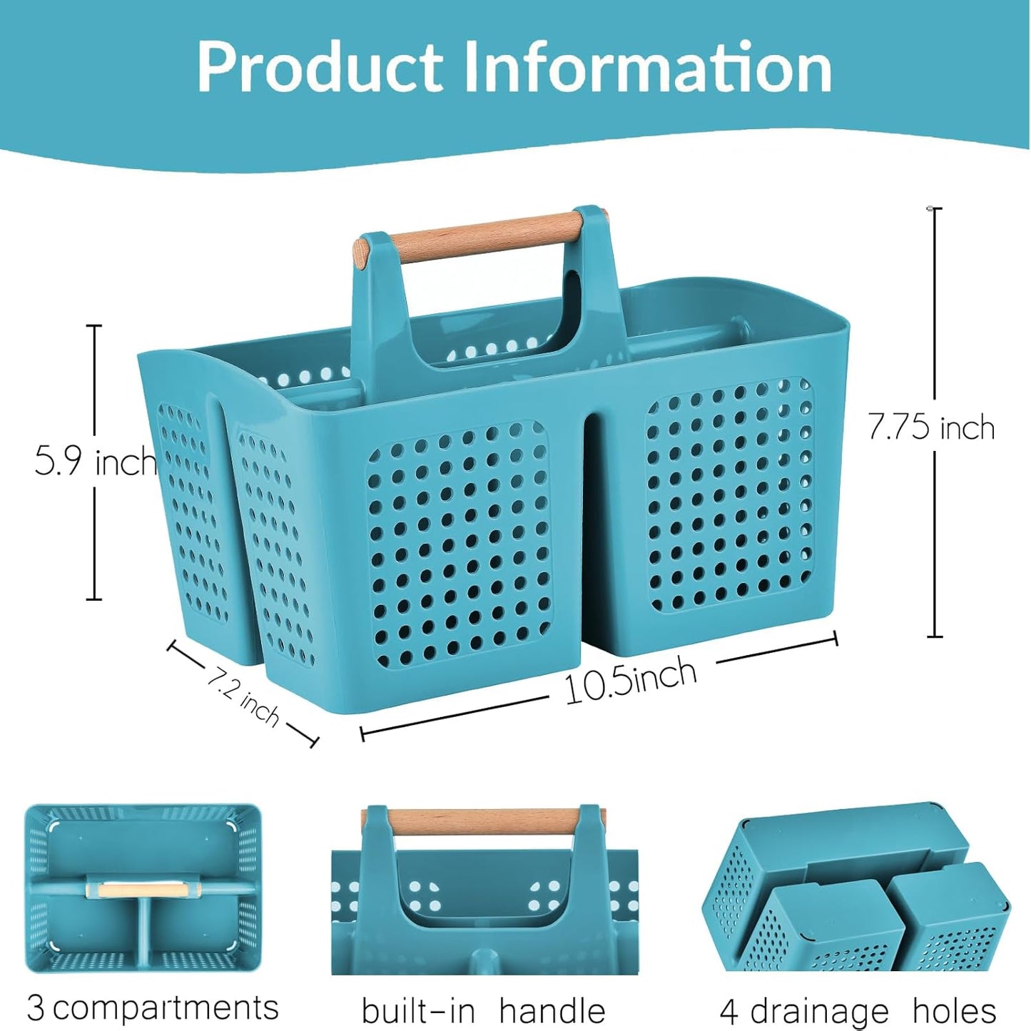 Portable Shower Caddy Basket with Compartments, Plastic Divided Cleaning Caddy Organizer Storage Tote with Handle for Bathroom, College, Dorm Room Essentials, Green