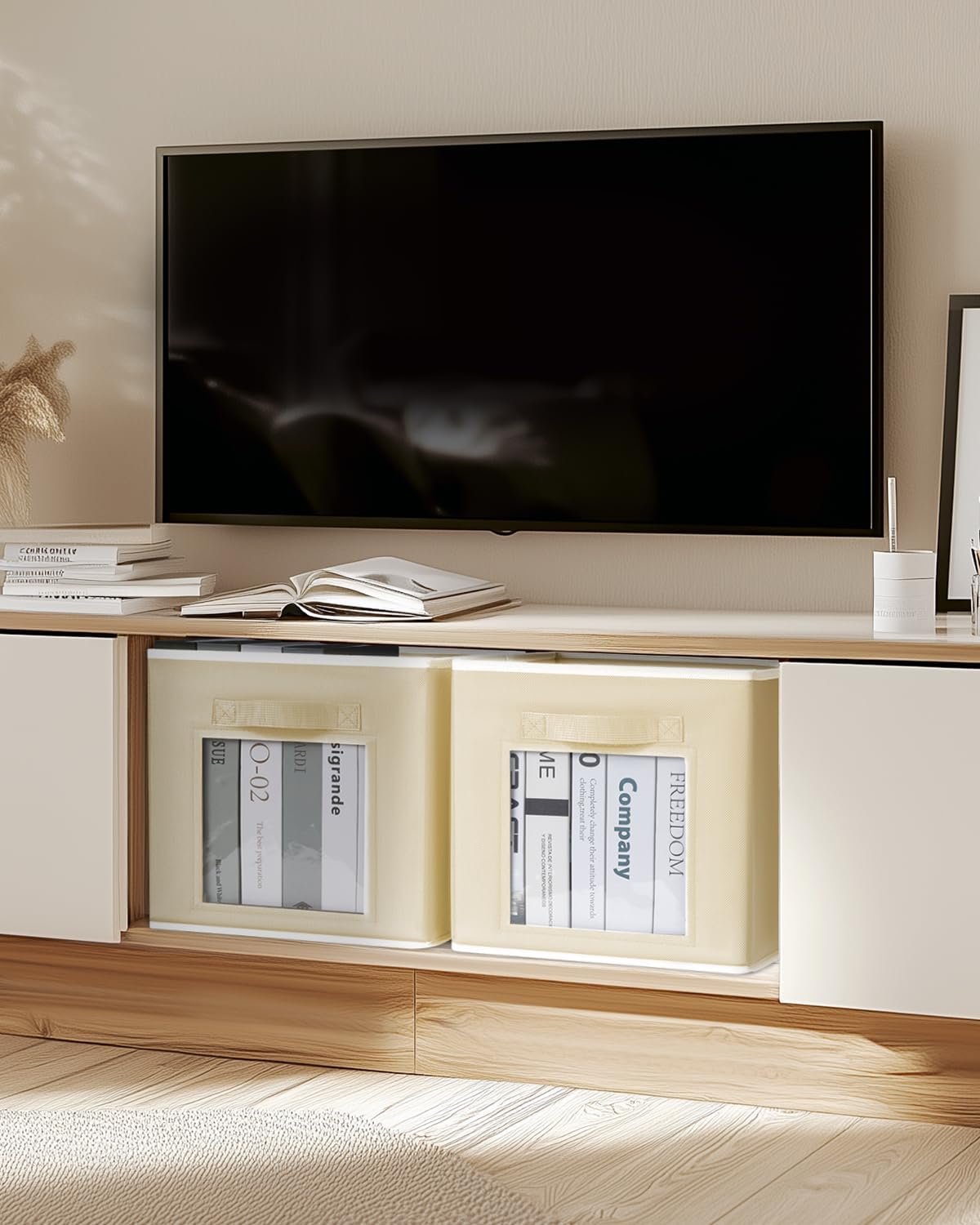 Foldable Storage Cubes - Cubby Storage Organizer with Window, Decorative Baskets for Organizing, Fabric Bins for Clothes Storage, Closet Storage Cubes-11inch, Set of 8, Beige